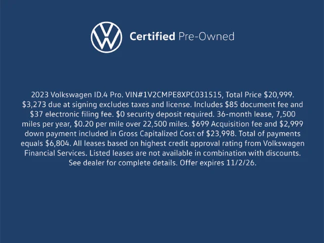 Certified 2023 Volkswagen ID.4 PRO with VIN 1V2CMPE8XPC031515 for sale in San Juan Capistrano, CA