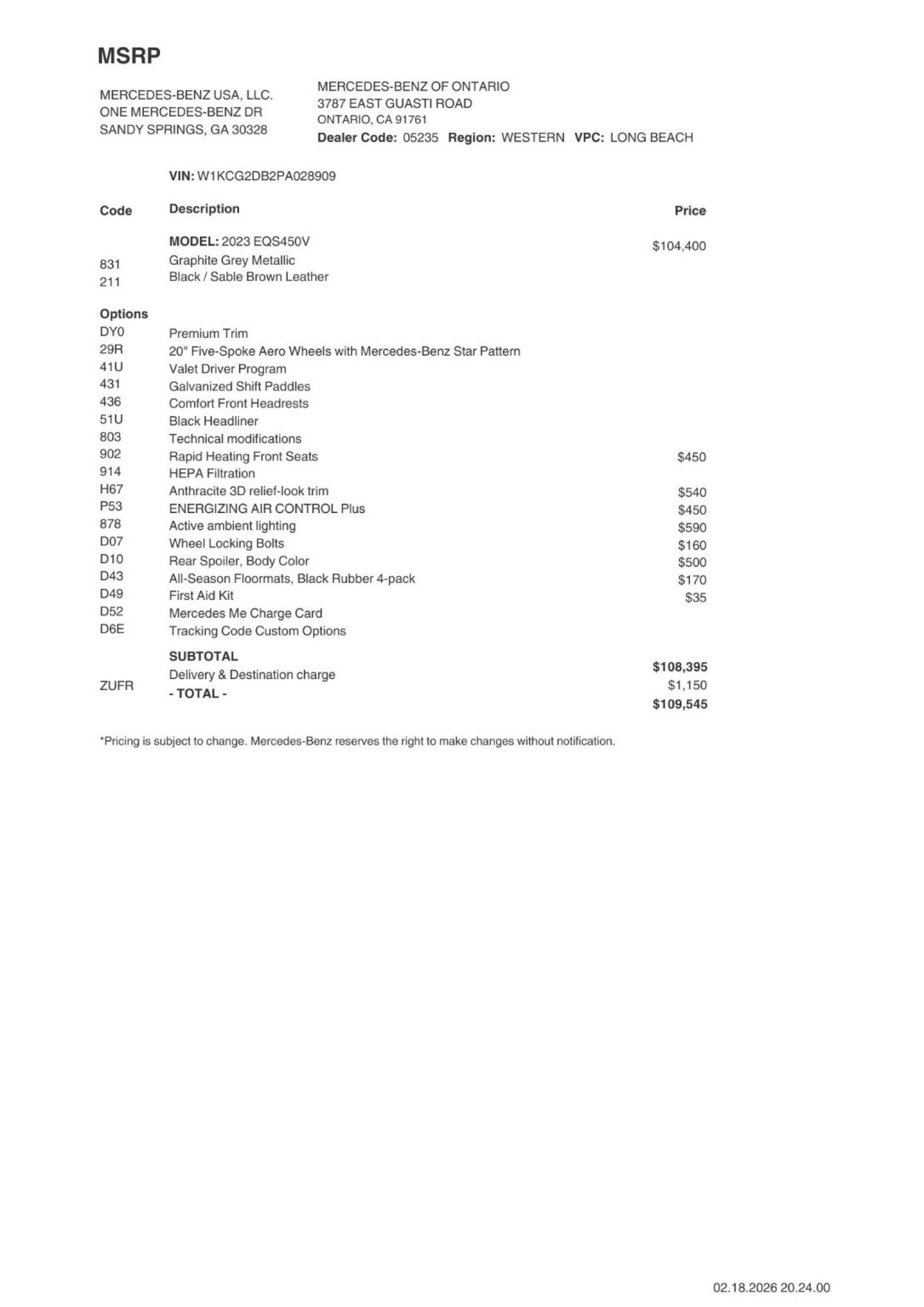 Certified 2023 Mercedes-Benz EQS Base with VIN W1KCG2DB2PA028909 for sale in Ontario, CA