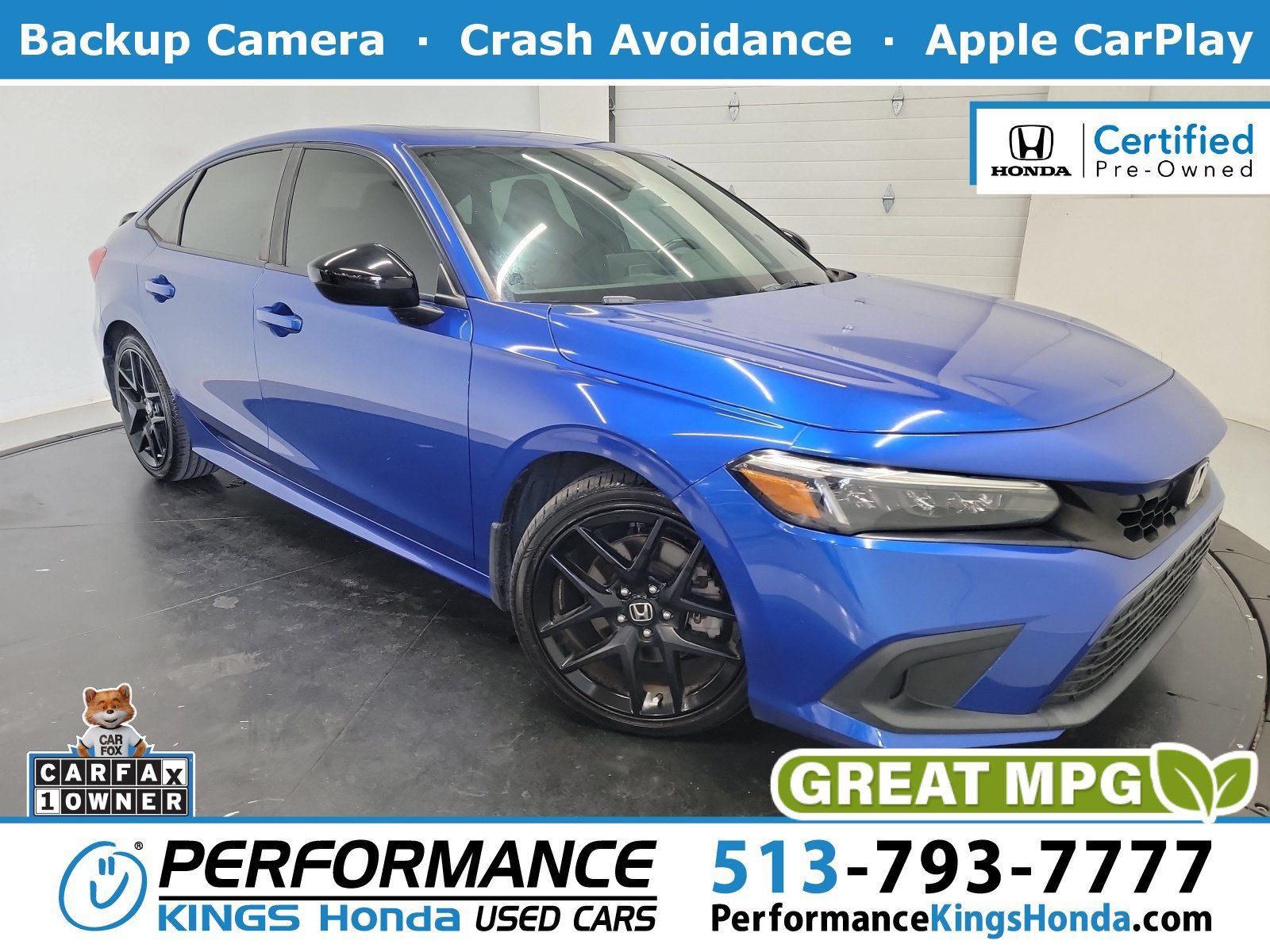 Certified Used 2022 Aegean Blue Metallic Honda SI image 1