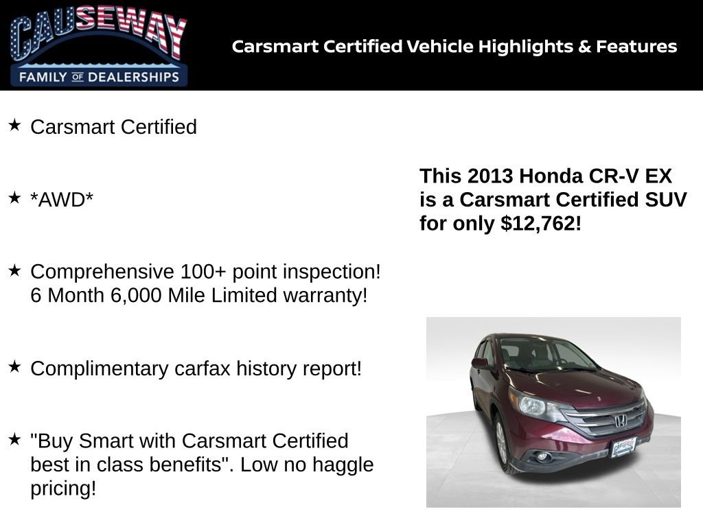 Certified 2013 Honda CR-V EX with VIN 5J6RM4H52DL047516 for sale in Stafford Township, NJ