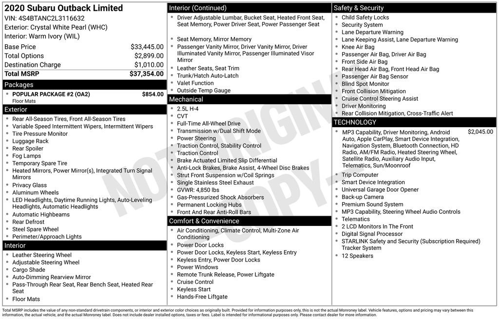 Used 2020 White Subaru Limited image 9