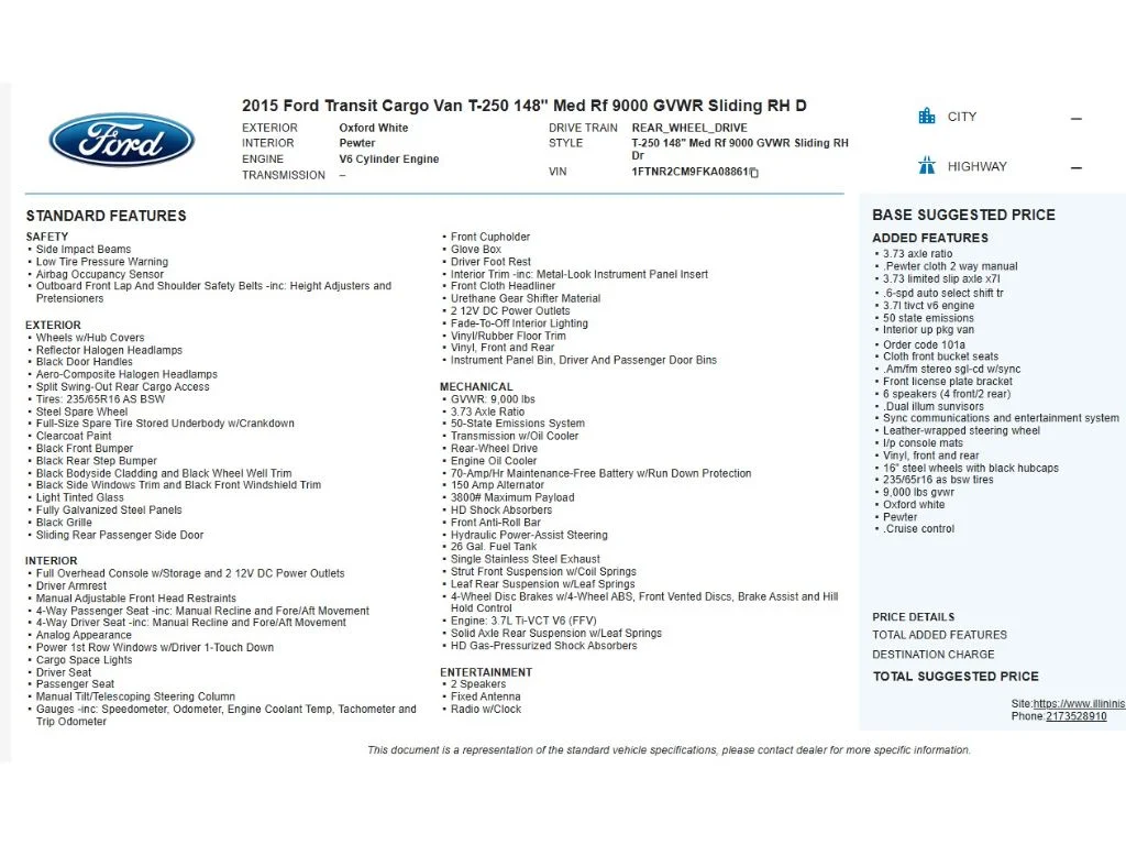 Used 2015 Ford Transit Base with VIN 1FTNR2CM9FKA08861 for sale in Champaign, IL