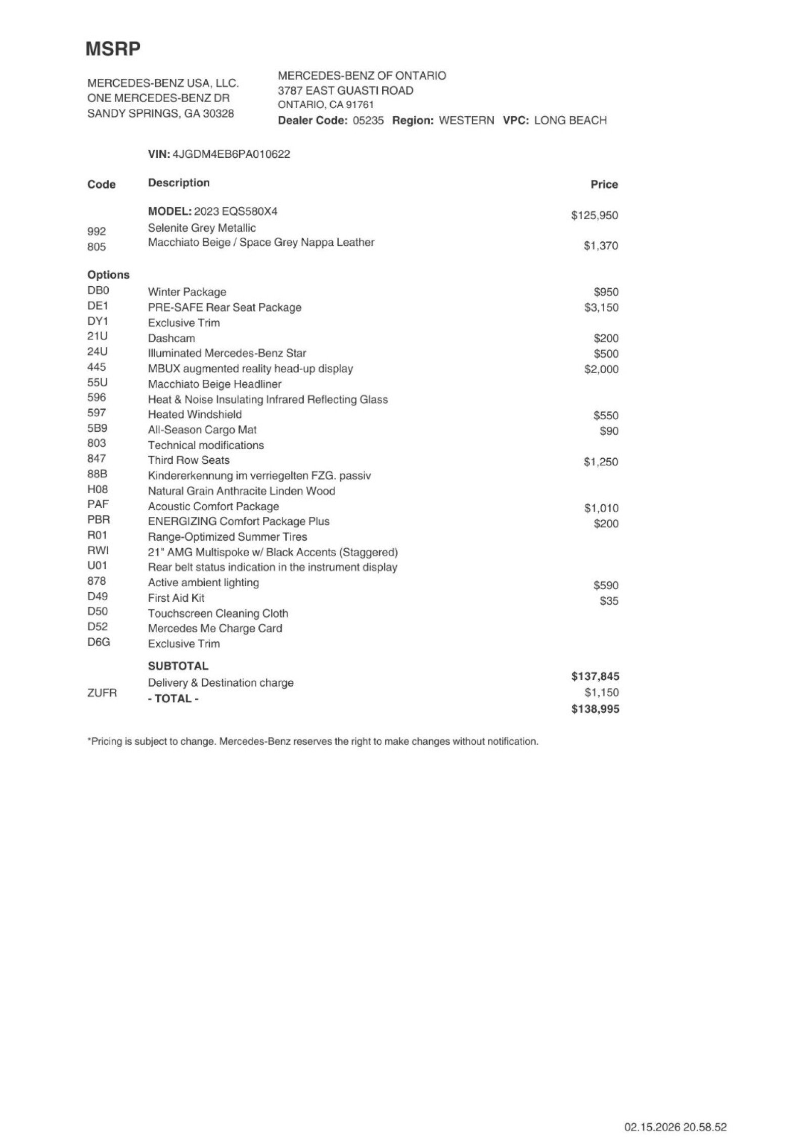 Certified 2023 Mercedes-Benz EQS SUV Base with VIN 4JGDM4EB6PA010622 for sale in Ontario, CA