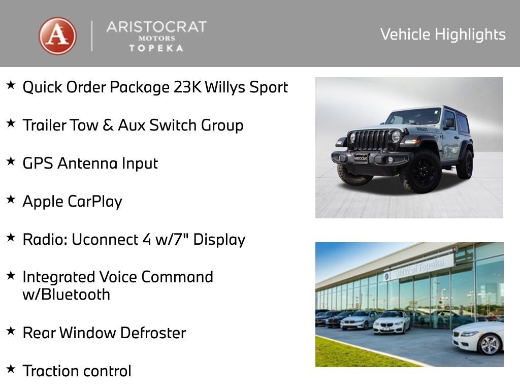 Used 2023 Jeep Wrangler 2-Door Willys Sport with VIN 1C4GJXAGXPW652681 for sale in Kansas City