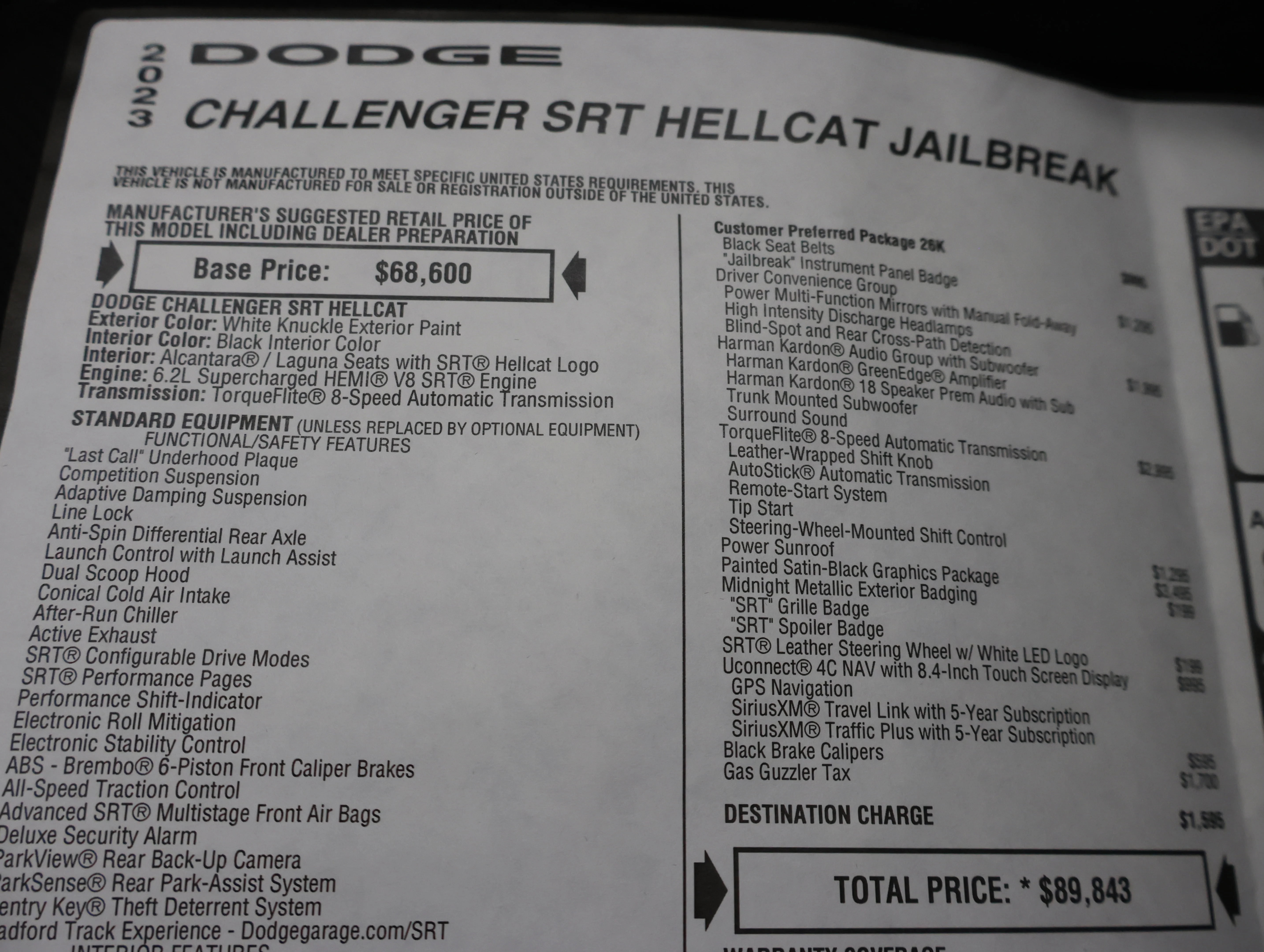 Used 2023 White Knuckle Clearcoat Dodge SRT Hellcat Jailbreak image 59