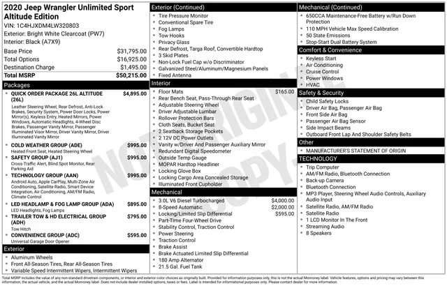 Used 2020 Bright White Clearcoat Jeep Unlimited Sport Altitude image 31