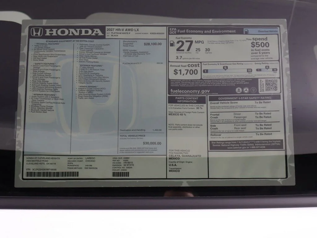 New 2027 Platinum White Pearl Honda LX image 24