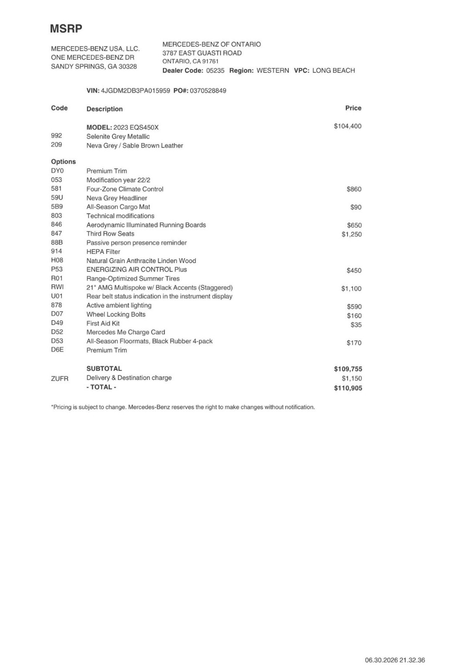 Certified 2023 Mercedes-Benz EQS SUV Base with VIN 4JGDM2DB3PA015959 for sale in Ontario, CA