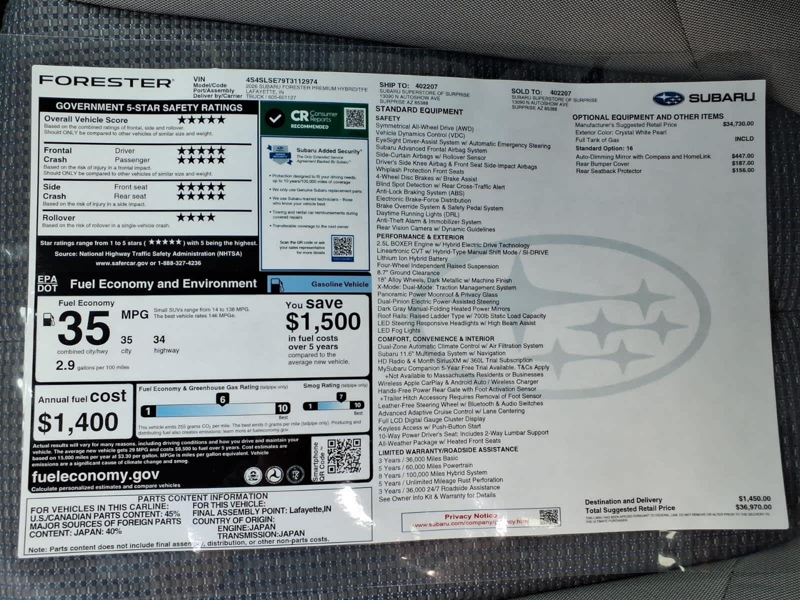 New 2026 CRYSTAL WHITE PEARL Subaru Premium Hybrid image 40