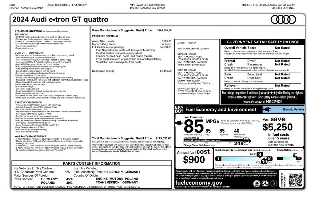 Used 2024 Audi e-tron GT Premium Plus with VIN WAUFJBFW8R7004345 for sale in Tempe, AZ