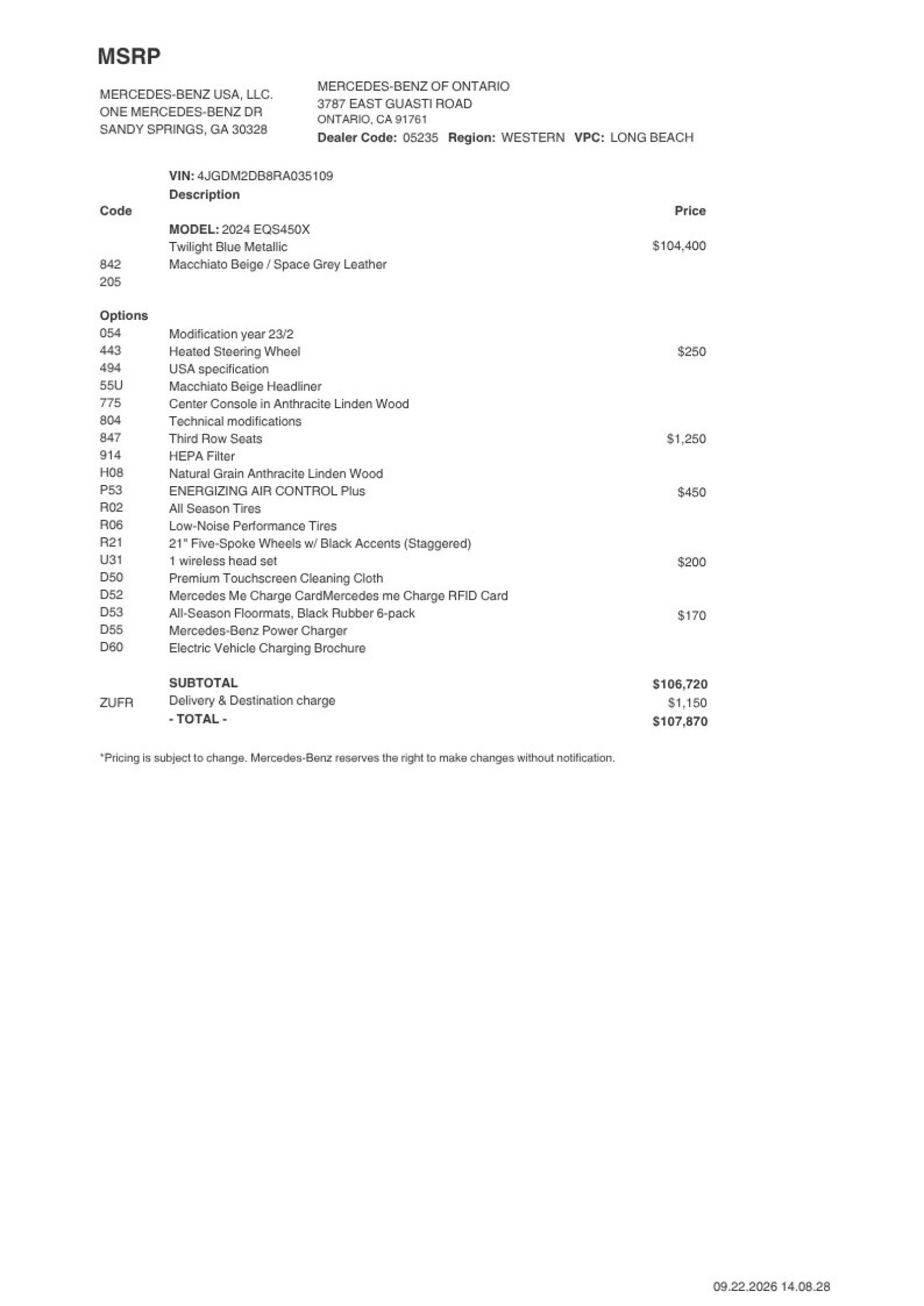 Certified 2024 Mercedes-Benz EQS SUV Base with VIN 4JGDM2DB8RA035109 for sale in Ontario, CA
