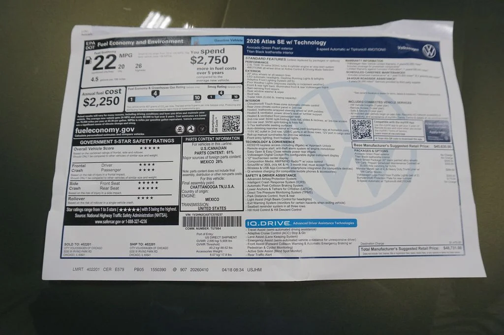 New 2026 Avocado Green Pearl Volkswagen 2.0T SE w/Technology image 38