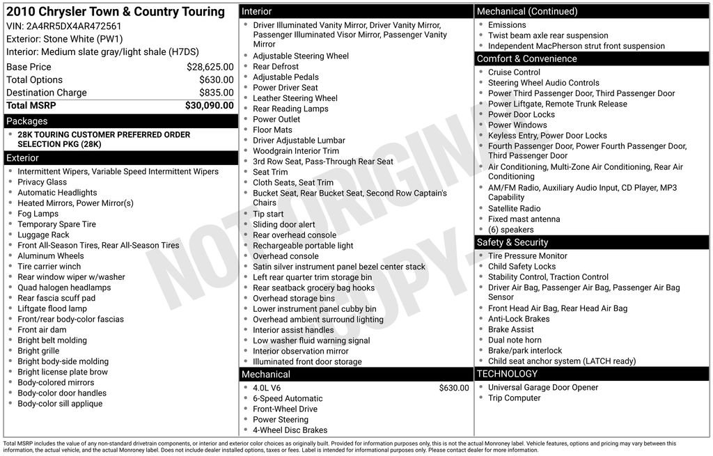 Used 2010 Chrysler Town & Country Touring with VIN 2A4RR5DX4AR472561 for sale in Huron, SD