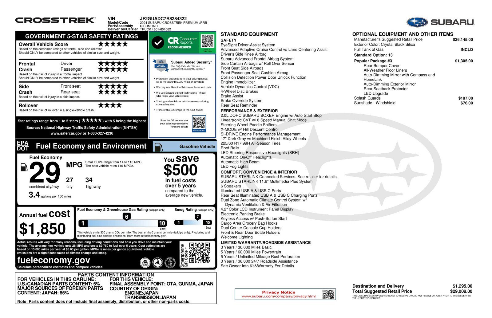 Used 2024 Crystal Black Silica Subaru Premium image 11