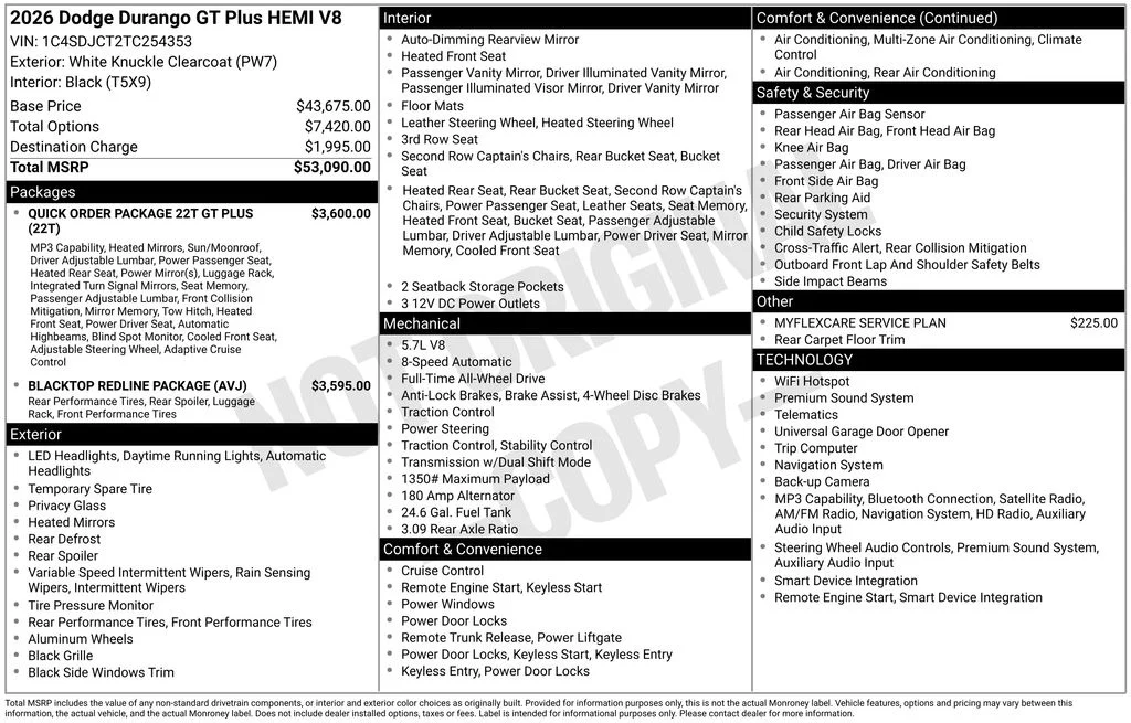 New 2026 White Knuckle Clear-Coat Exterior Paint Dodge GT Plus HEMI V8 image 2