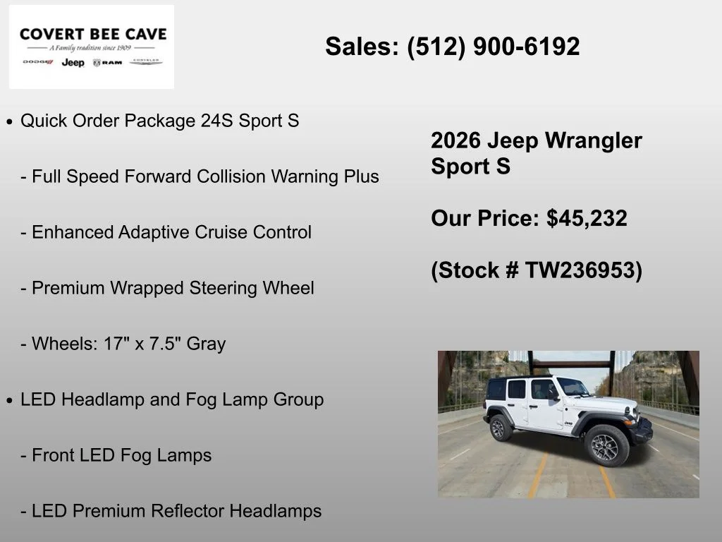 New 2026 Bright White Clear-Coat Exterior Paint Jeep Sport S image 12