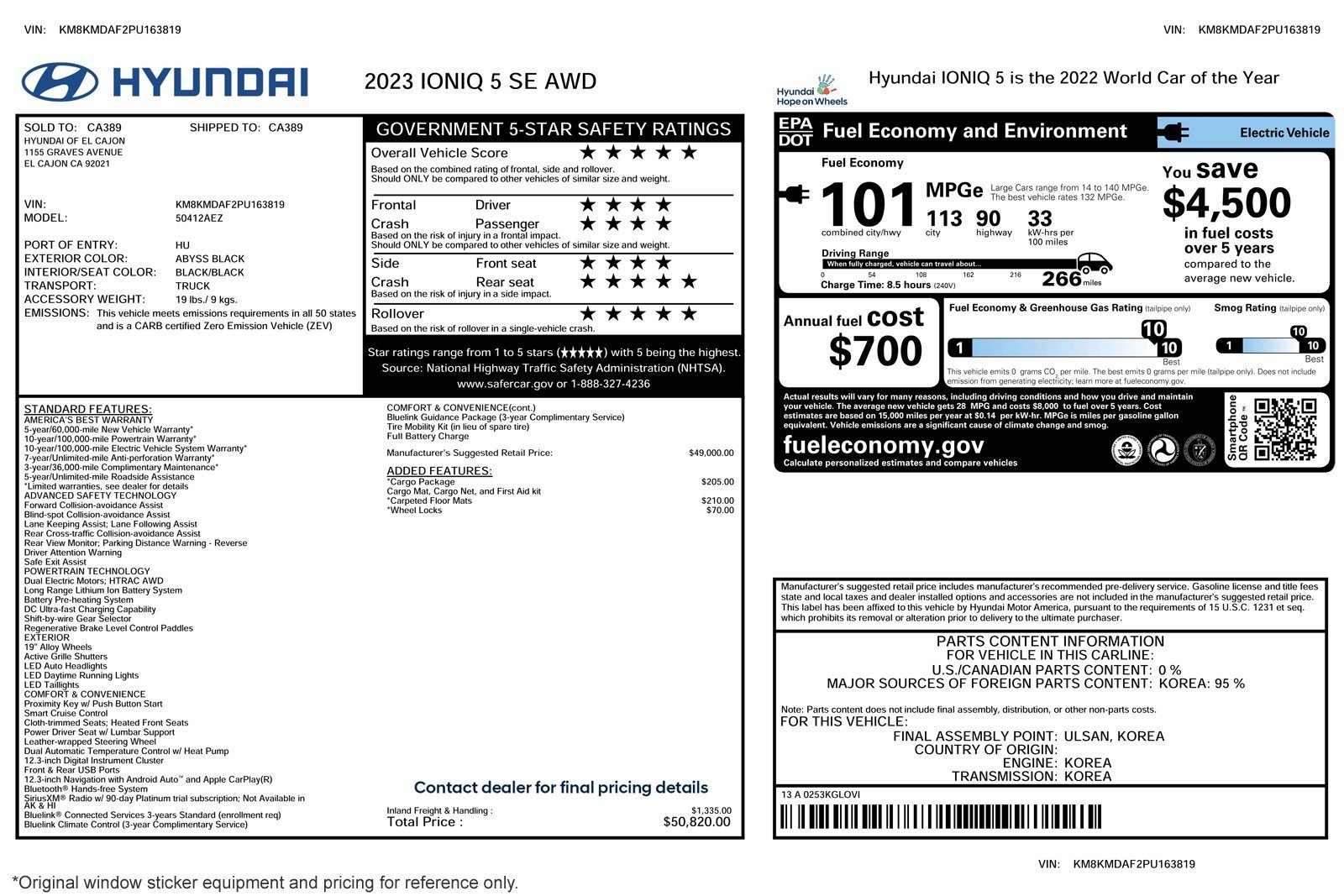 Used 2023 Hyundai IONIQ 5 SE with VIN KM8KMDAF2PU163819 for sale in Costa Mesa, CA