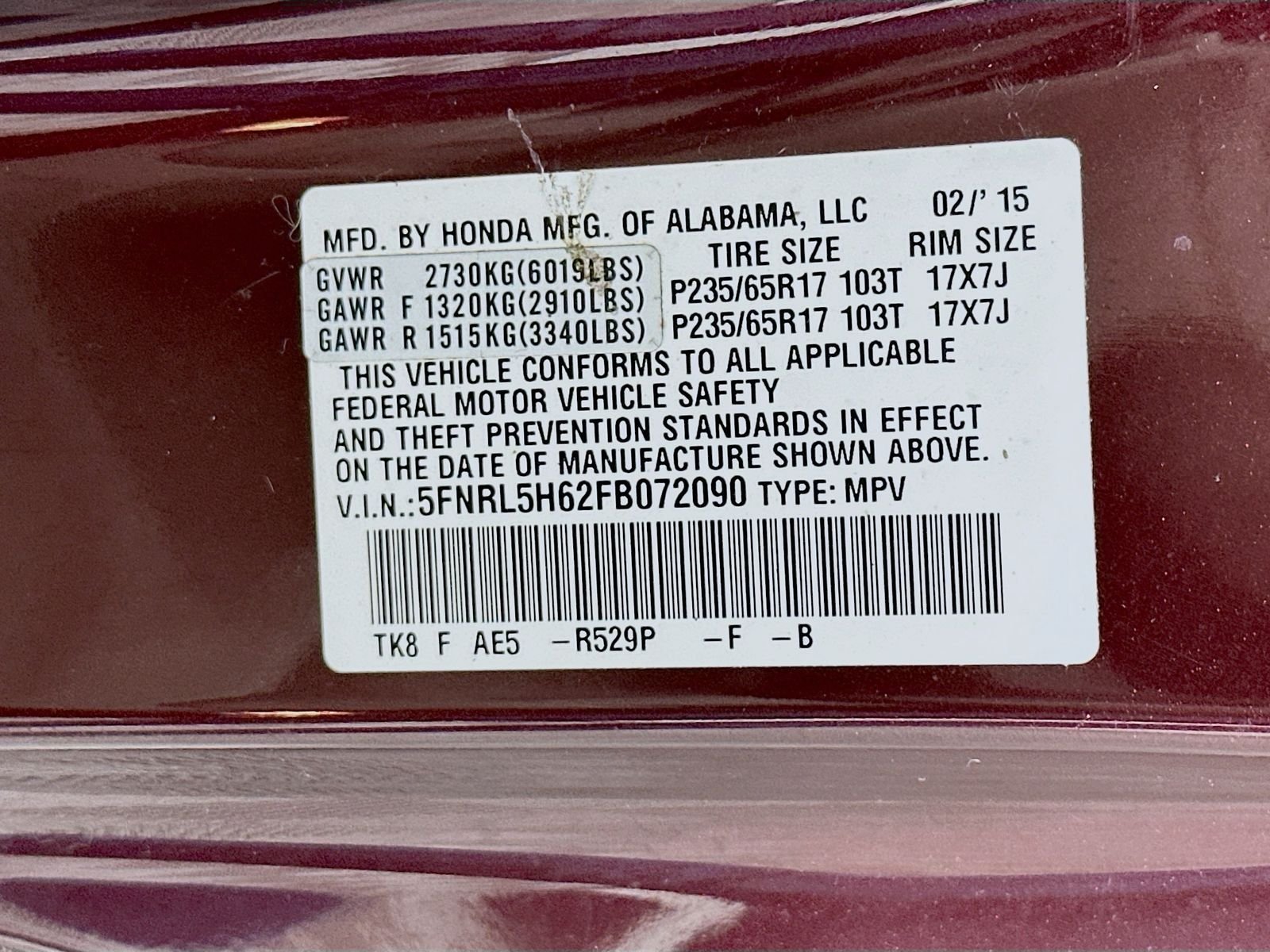 Used 2015 Dark Cherry Pearl Honda EX-L image 34