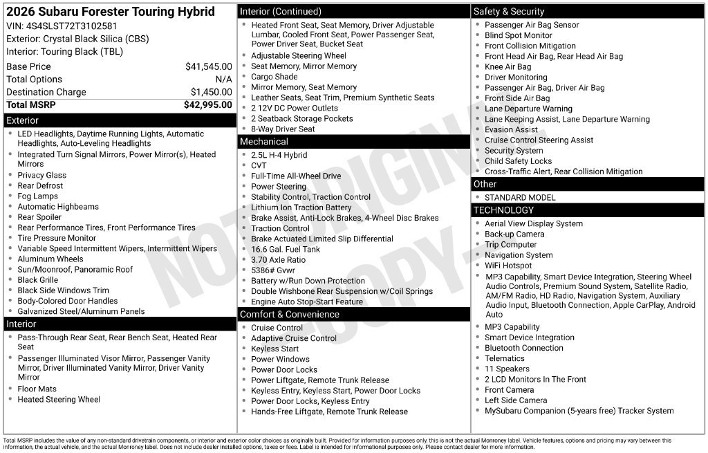 Used 2026 Black Subaru Touring Hybrid image 1