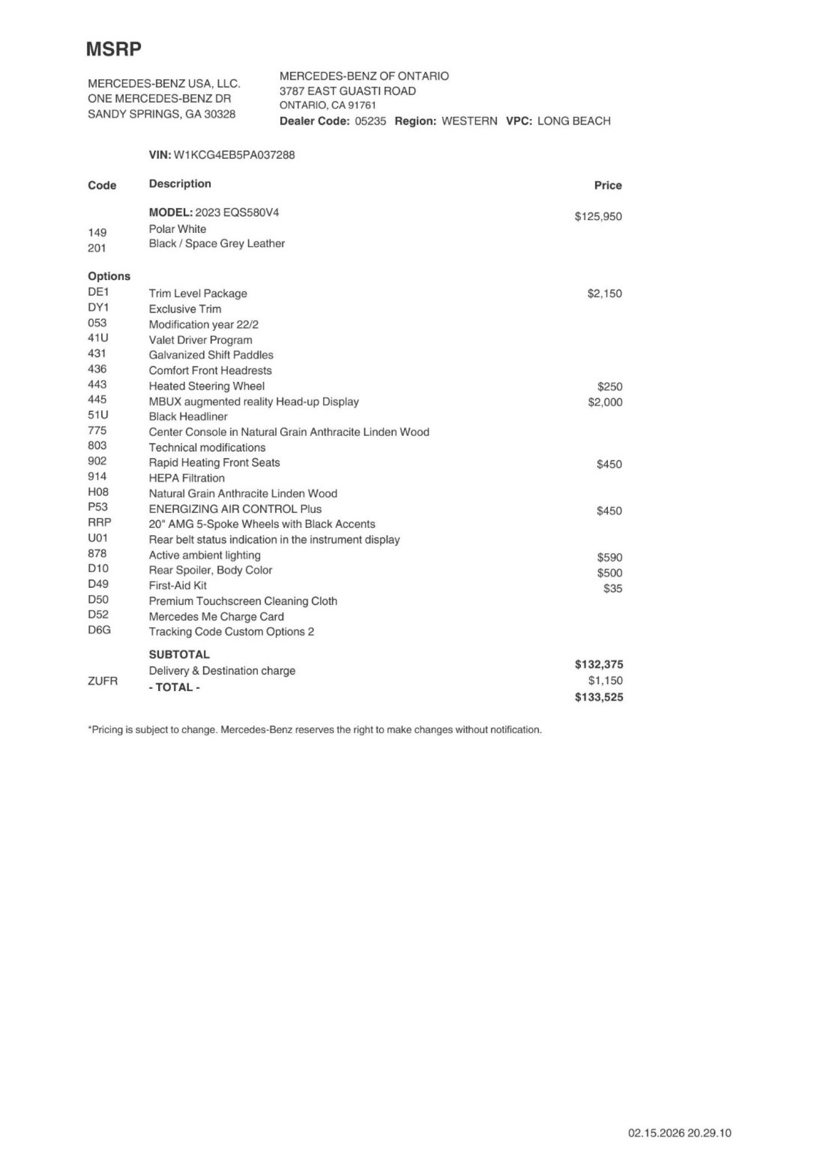 Certified 2023 Mercedes-Benz EQS Base with VIN W1KCG4EB5PA037288 for sale in Ontario, CA
