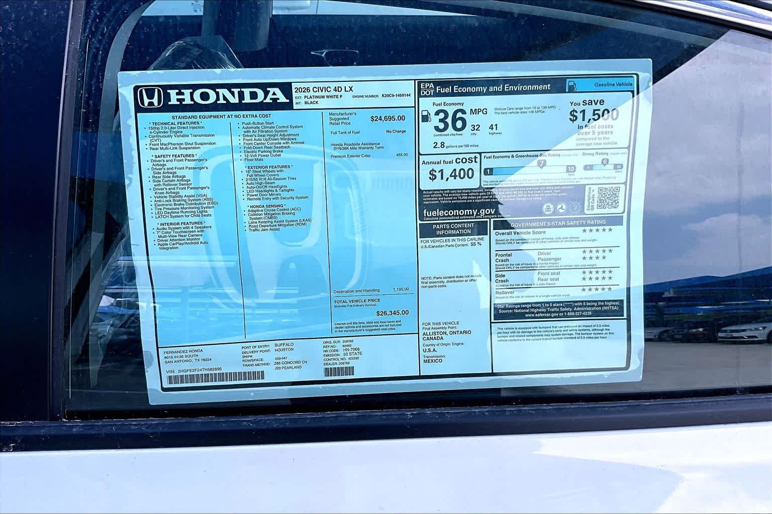 New 2026 Platinum White Pearl Honda 2WD LX image 18