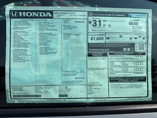 New 2026 Urban Gray Pearl Honda SE image 33