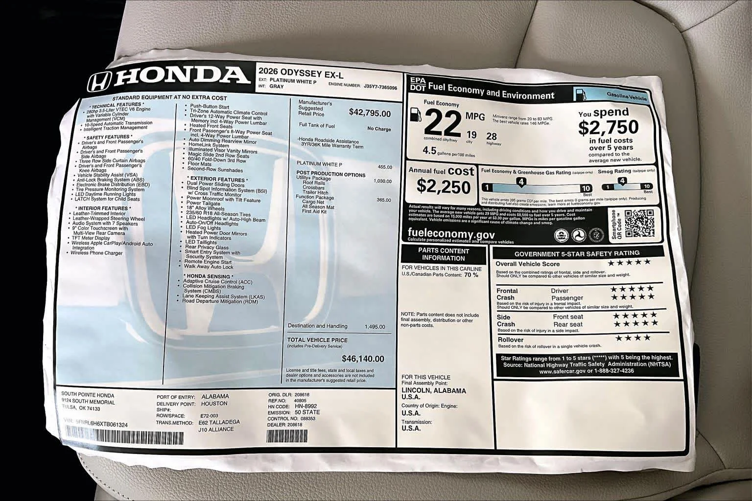 New 2026 Platinum White Pearl Honda EX-L image 21