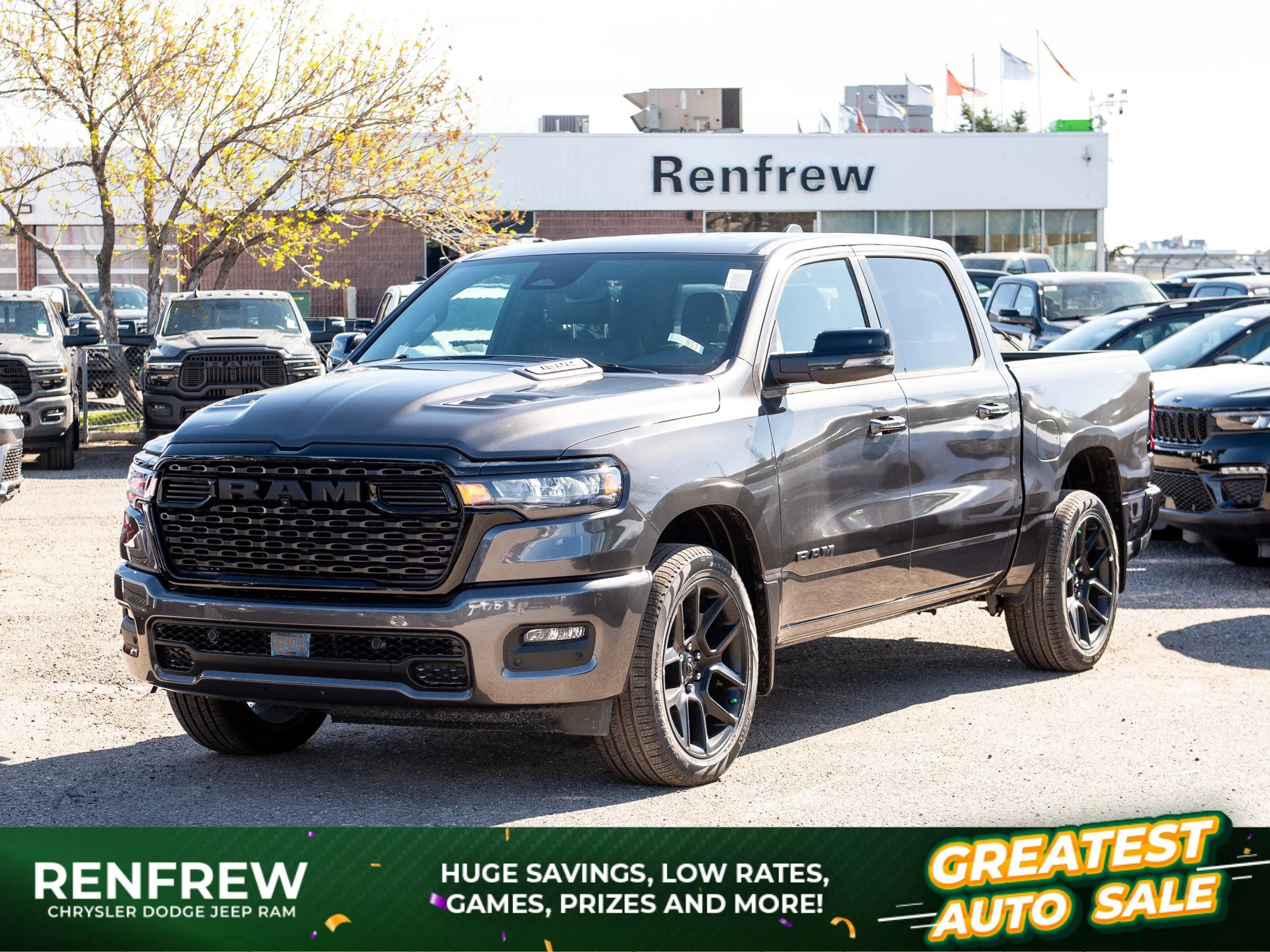 New 2026 Grey RAM Sport Night* Crew Cab 4x4, Level 1 Equip Grp, Heated/Ventilated Leather, Passenger Screen image 1