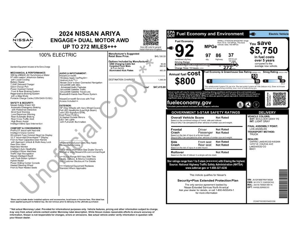 Used 2024 Nissan ARIYA Engage+ with VIN JN1DF0BB7RM736926 for sale in Olympia, WA
