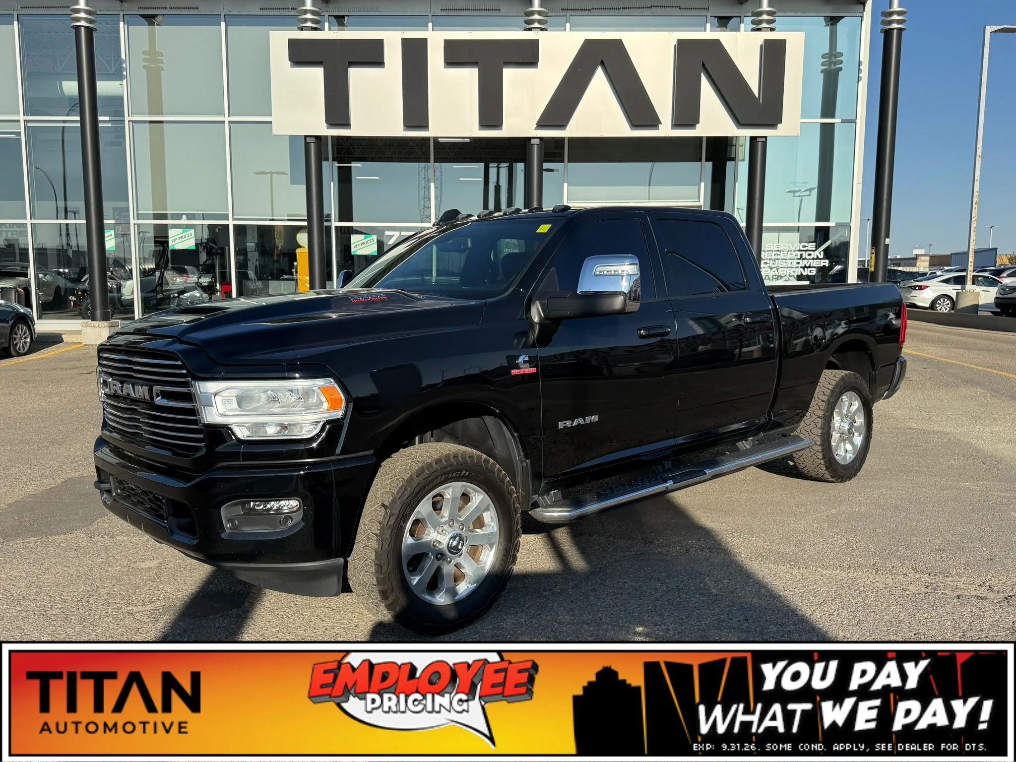 Certified Used 2023 Diamond Black Crystal Pearlcoat Ram Laramie 4x4*6.7L Cummins Diesel | Cooled Leather | Sunroof | Htd Wheel | Tow Pkg | 6ft Box | Navi image 1