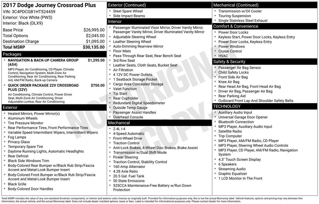 Used 2017 Dodge Journey Crossroad Plus with VIN 3C4PDCGB1HT524459 for sale in New Smyrna Beach, FL