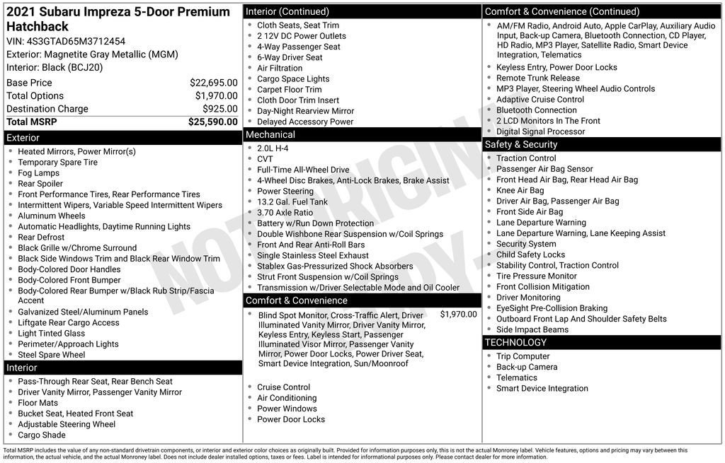 Used 2021 Subaru Impreza Premium with VIN 4S3GTAD65M3712454 for sale in Smyrna, GA