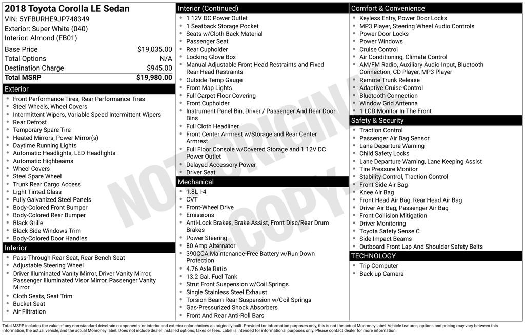 Certified 2018 Toyota Corolla LE with VIN 5YFBURHE9JP748349 for sale in New Smyrna Beach, FL