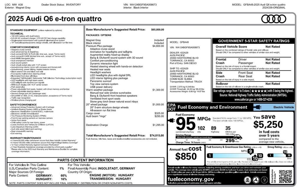 Used 2025 Audi Q6 e-tron Premium Plus with VIN WA124BGF9SA008673 for sale in Tempe, AZ