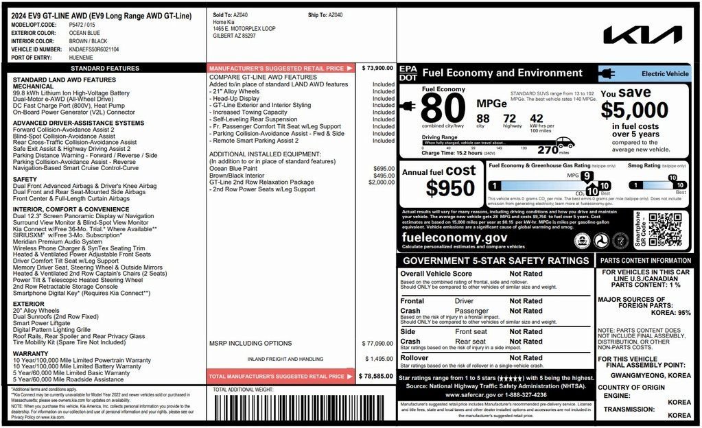 Used 2024 Kia Ev9 GT-Line with VIN KNDAEFS50R6021104 for sale in Tempe, AZ
