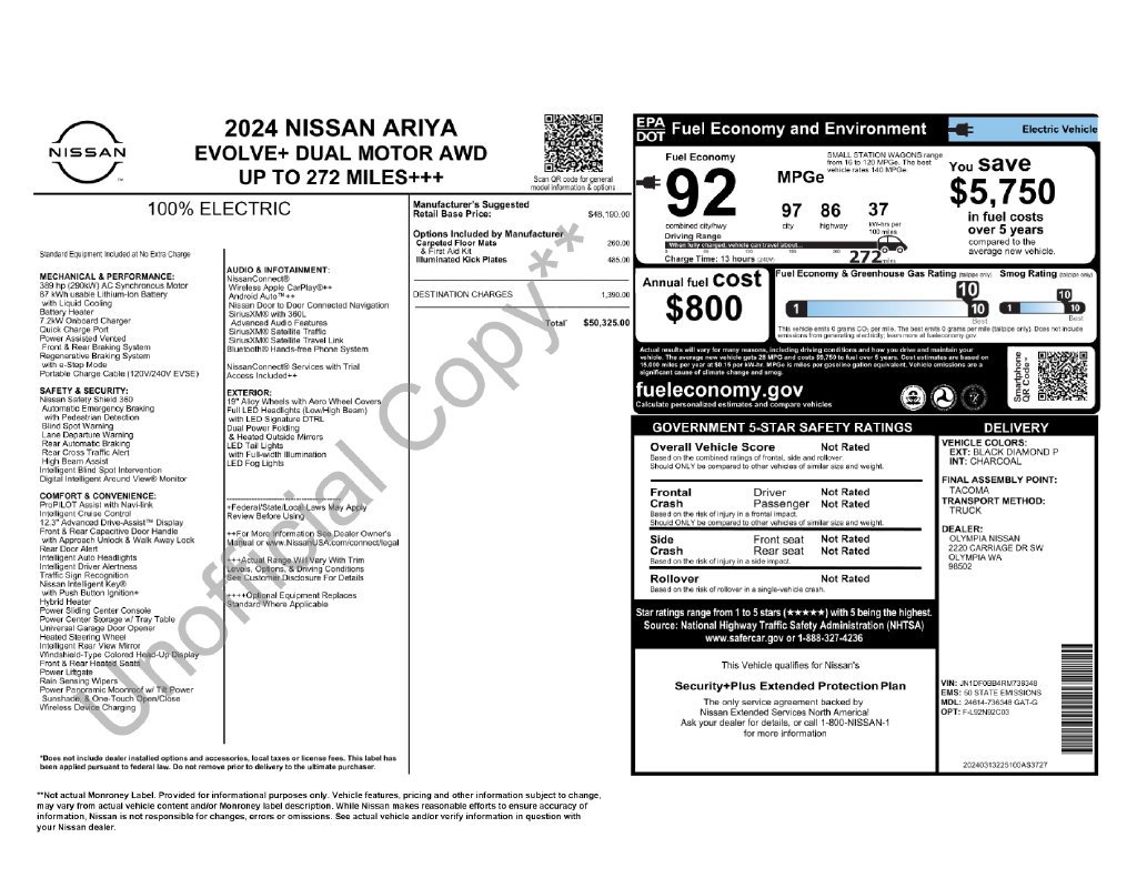 Used 2024 Nissan ARIYA Evolve+ with VIN JN1DF0BB4RM736348 for sale in Olympia, WA