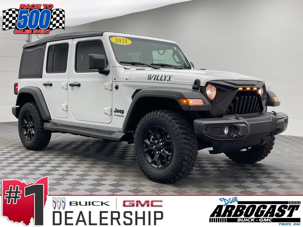 Used 2021 Bright White Clearcoat Jeep Unlimited Willys image 1