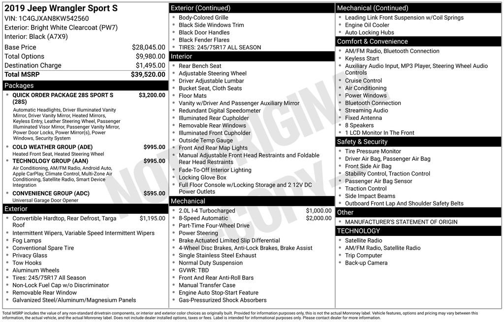 Used 2019 Jeep Wrangler Sport S with VIN 1C4GJXAN8KW542560 for sale in Elk River, Minnesota