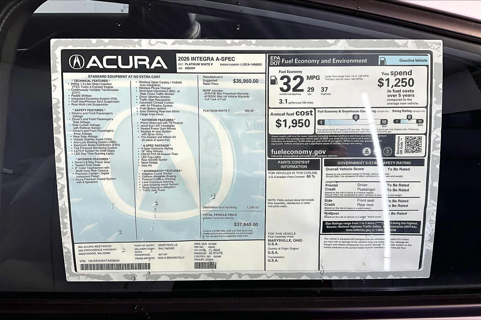 New 2026 Platinum White Pearl Acura With A-Spec Package image 19