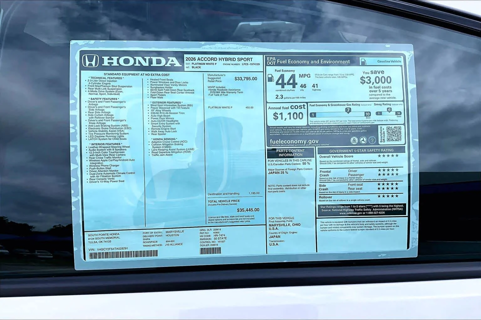New 2026 Platinum White Pearl Honda Sport image 22