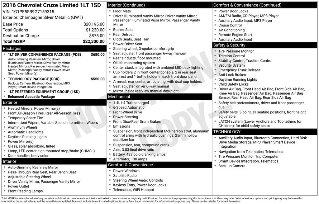 Used 2016 Chevrolet Cruze Limited 1LT with VIN 1G1PE5SB9G7159315 for sale in Highland Park, IL