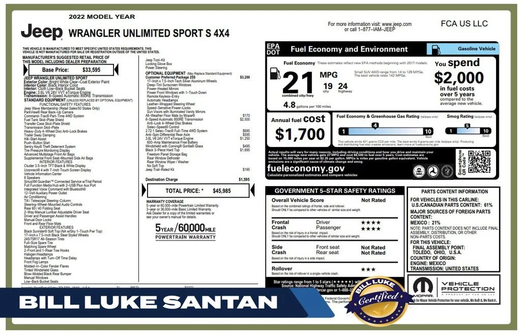 Certified Used 2022 White Jeep Unlimited Sport S image 1