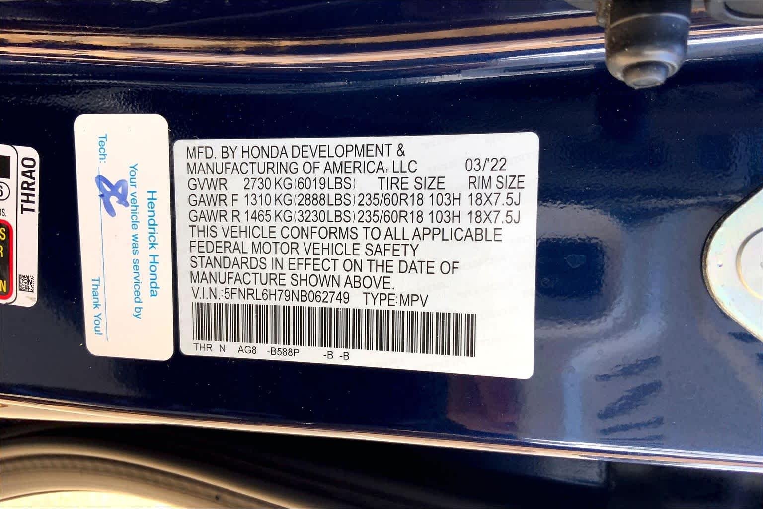 Used 2022 Obsidian Blue Pearl Honda EX-L image 33