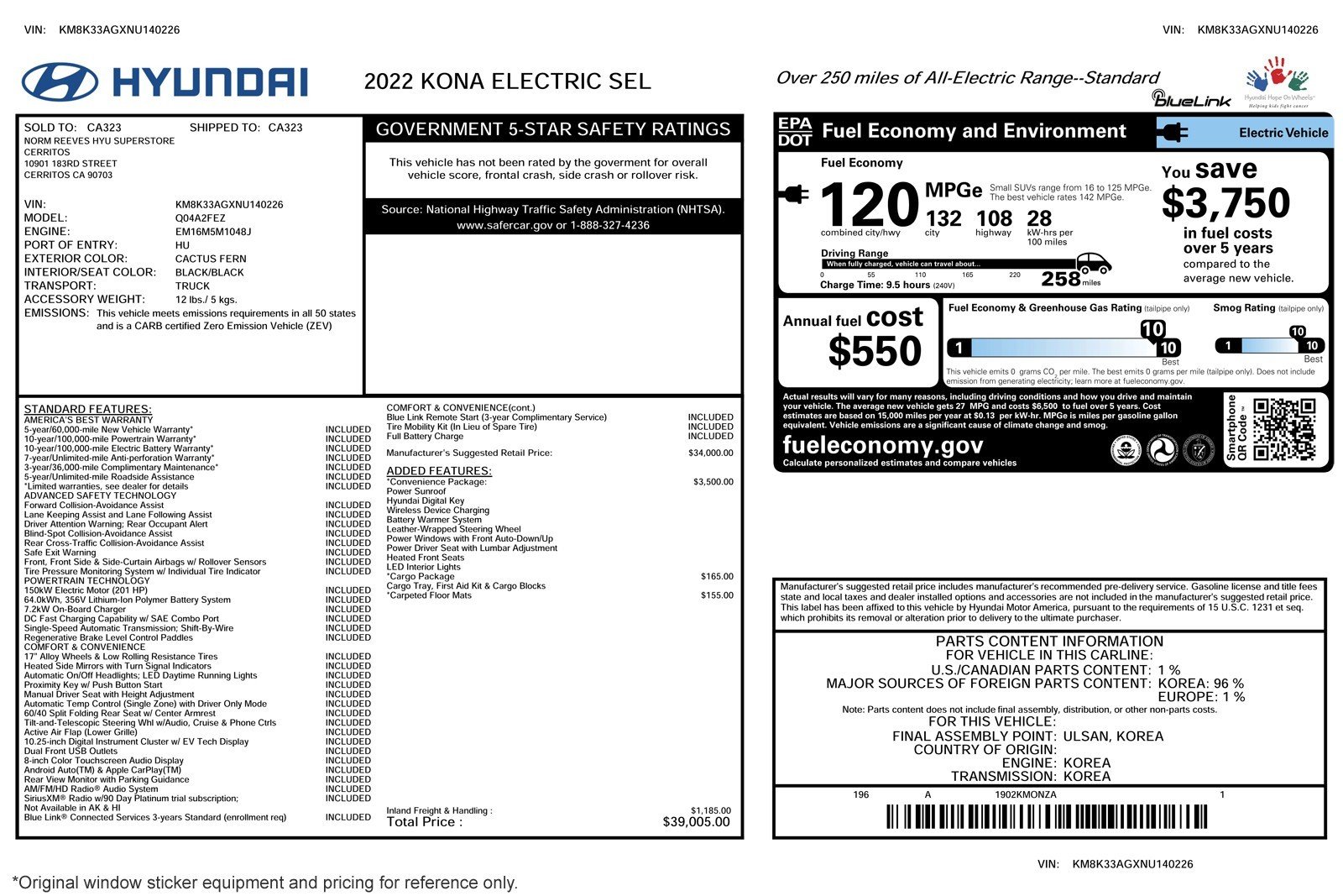 Used 2022 Hyundai Kona EV SEL with VIN KM8K33AGXNU140226 for sale in Newport Beach, CA