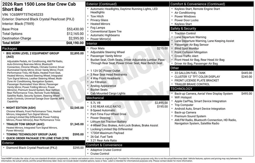 New 2026 Diamond Black Crystal Pearl-Coat Exterior Paint RAM Big Horn/Lone Star image 44