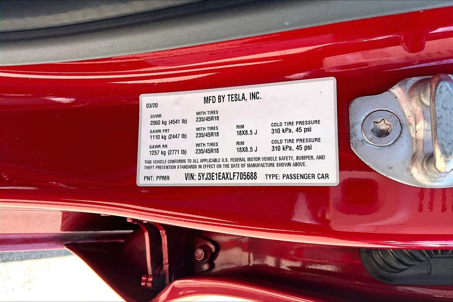 Used 2020 Red Multi-Coat Tesla Standard Range Plus image 33
