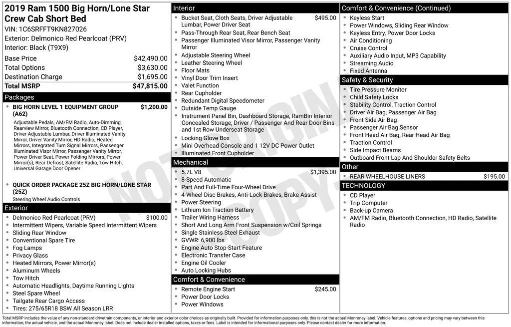 Used 2019 RAM Ram 1500 Pickup Big Horn/Lone Star with VIN 1C6SRFFT9KN827026 for sale in Elk River, Minnesota