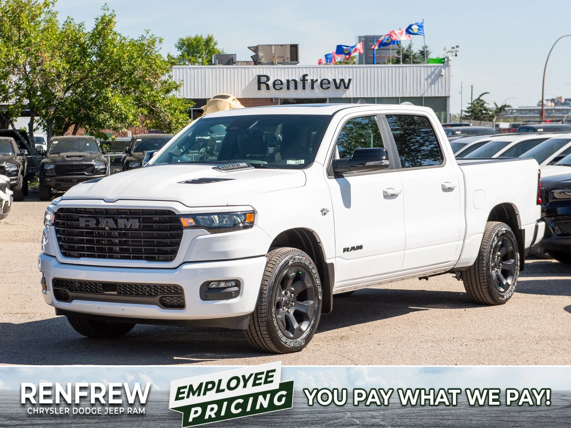 New 2026 White RAM Sport* Crew Cab 4x4, HEMI V8, Panoramic Sunroof, 3.92 Rear Axle, Heated Seats image 1