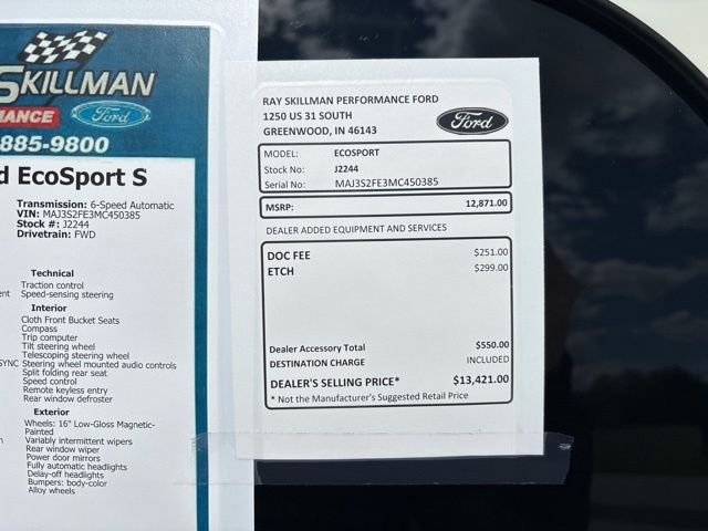 Used 2021 Ford EcoSport S with VIN MAJ3S2FE3MC450385 for sale in Greenwood, IN