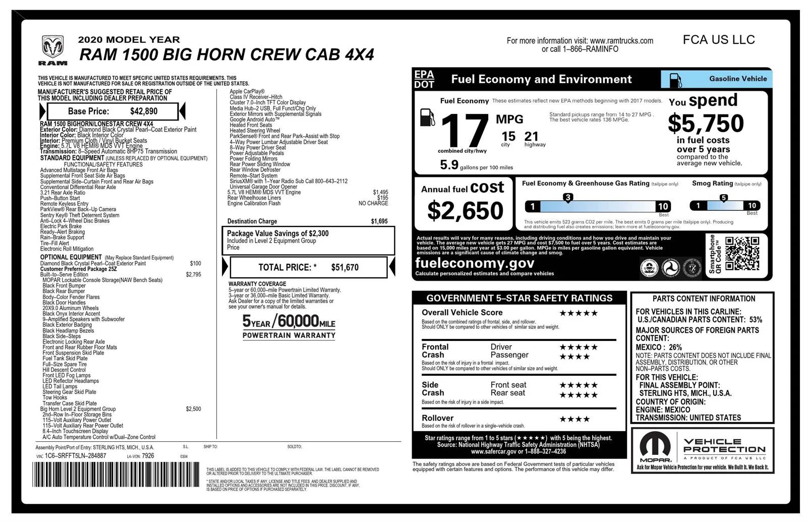 Used 2020 RAM Ram 1500 Pickup Big Horn/Lone Star with VIN 1C6SRFFT5LN284887 for sale in Waconia, Minnesota